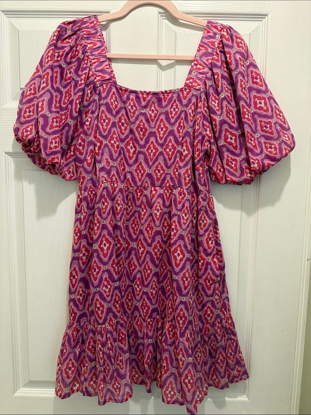 Banjanan Harley Pink Purple Geometric Puff Sleeve Mini Dress S